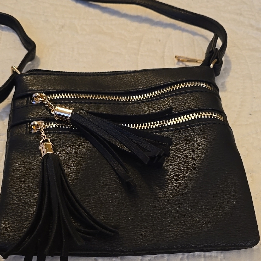 Black and Gold Textured Crossbody Bag with Tassels